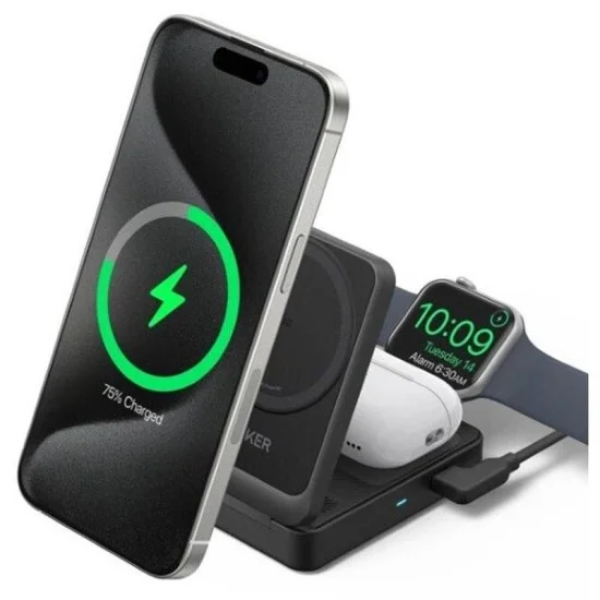 Anker MagGo Wireless Charging Station (15W, Foldable 3-in-1) - Black